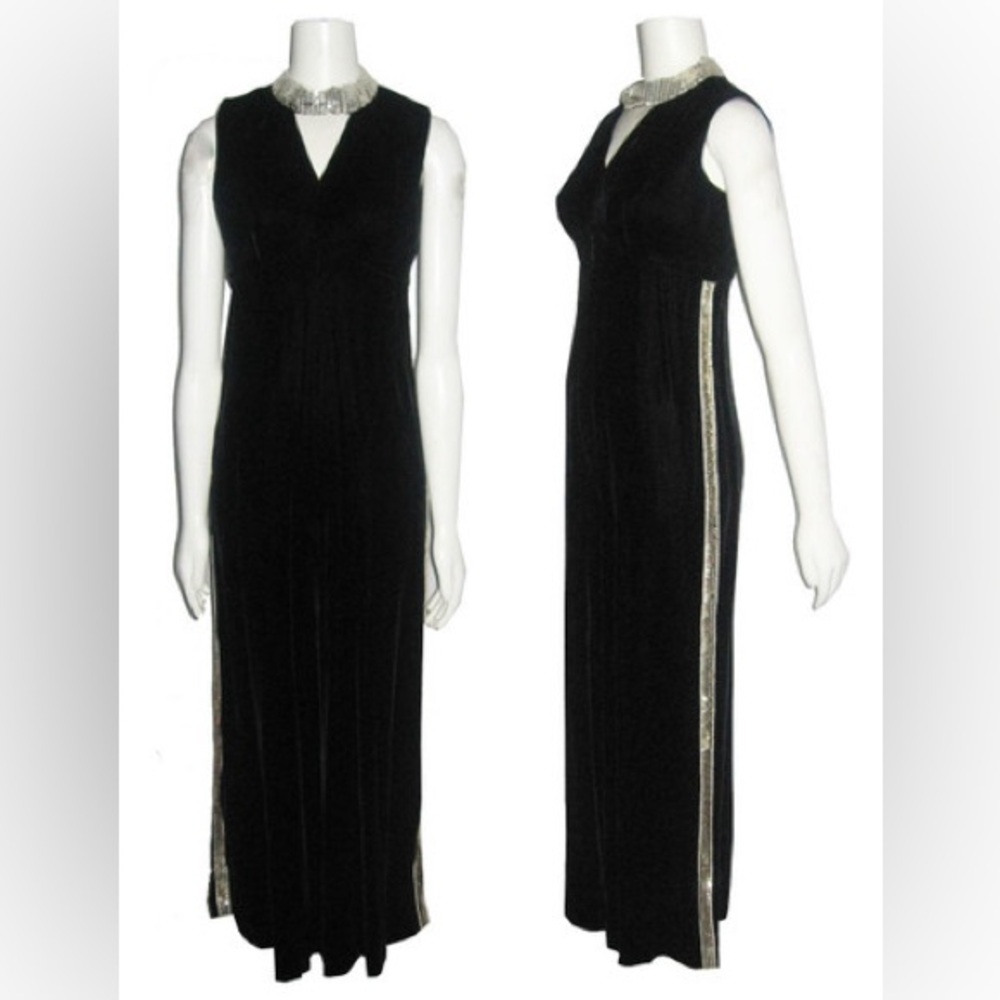 Sue Saunders Black Velvet Silver Sequins Peep-a-Boo Cut-out Leg Palazzo Jumpsuit